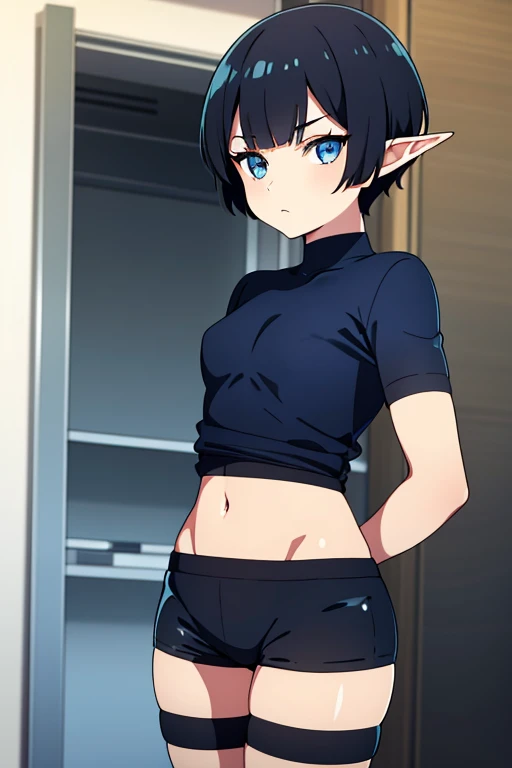 black short pixie hair, hair bangs covers left eye, blue eyes, elf, female, small breasts, dark blue t-shirt with light blue on stripe, black latex shorts, slim body,