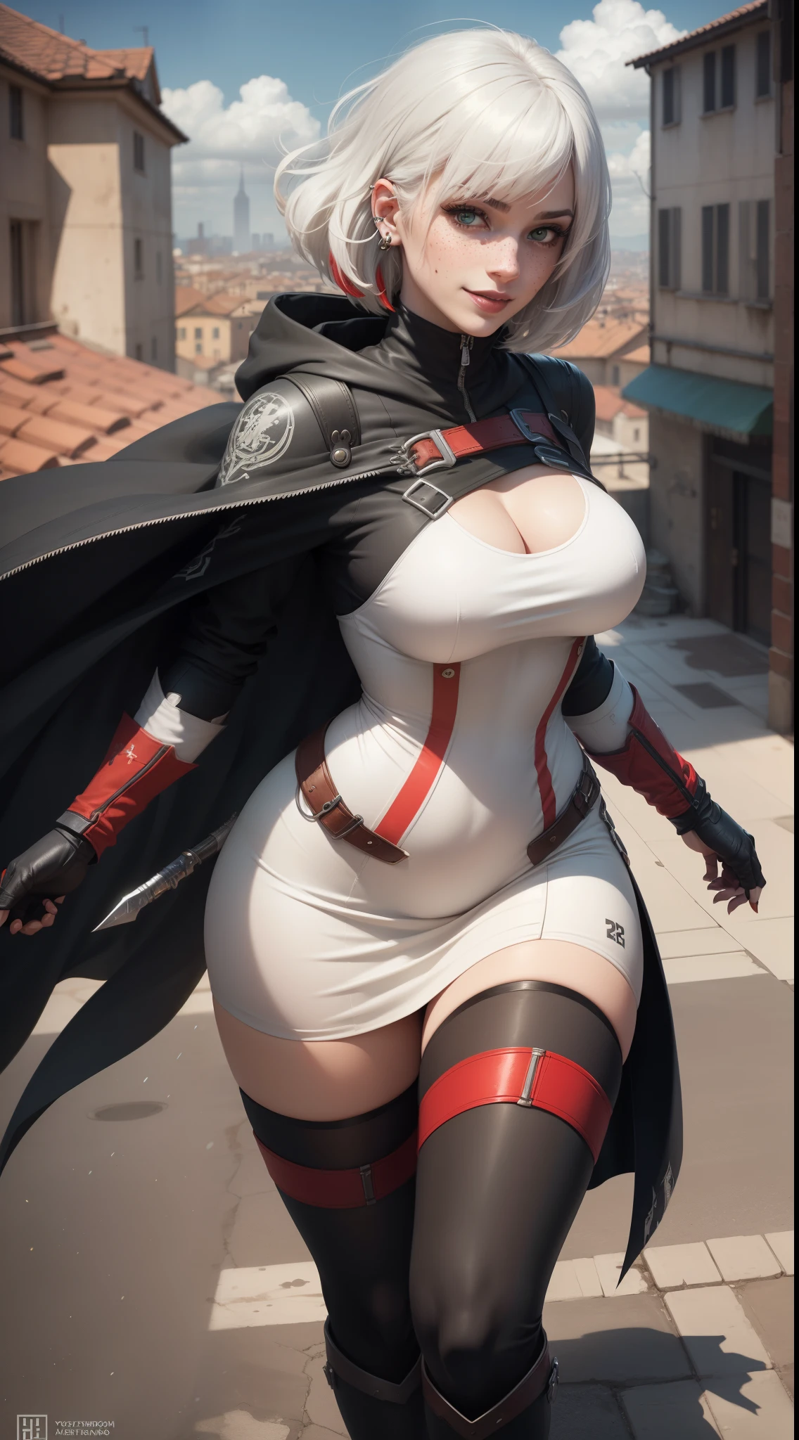 gwen tennyson,yorha 2b,tracer,y'shtola rhul,overwatch,assassin's creed,close up,Rome,rooftop,tattoos,white and red plugsuit,white short sleeve victorian top,white and red long assassin hoodie,lycra leggings,harness corset,long dress train,short hair,punk makeup,green eyes,multicolored silver hair, military gloves,sexy smile,freckles,beautiful girl,knee high boots,large breasts,8k,ultra detailed,realistic,fantasy art,assassin uniform, hair pin,ear piercings,(weather:windy),1girl, assassin daggers,running on the rooftop,