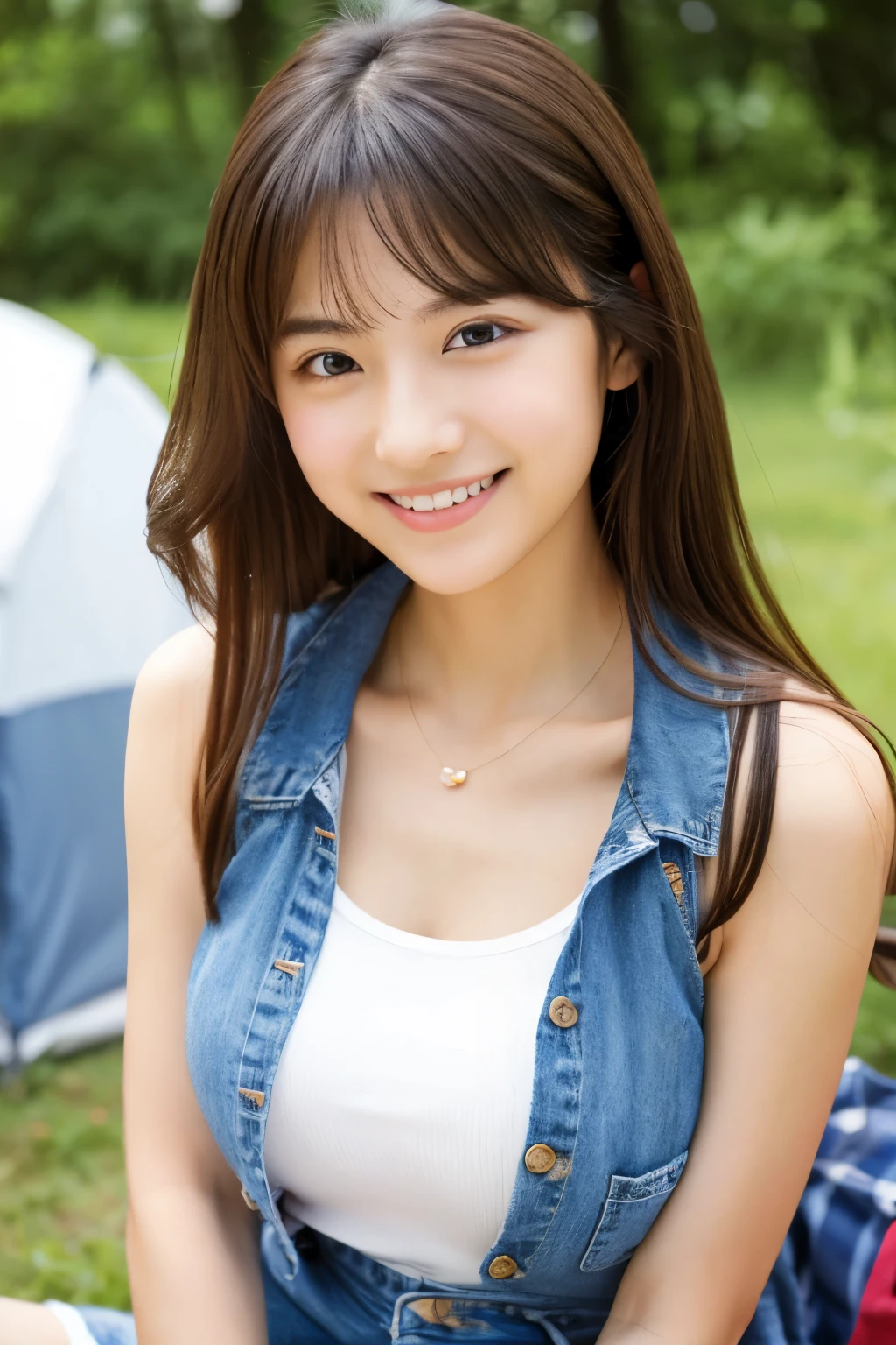 Close-up of a woman、
big breasts、white skin、
Smiling Japan model、
young gravure idol、
young cute gravure idol、
リアルなyoung gravure idol、
realistic gravure idol、
young gravure idol、
sophisticated gravure idol、white blouse、Denim skirt、camping alone