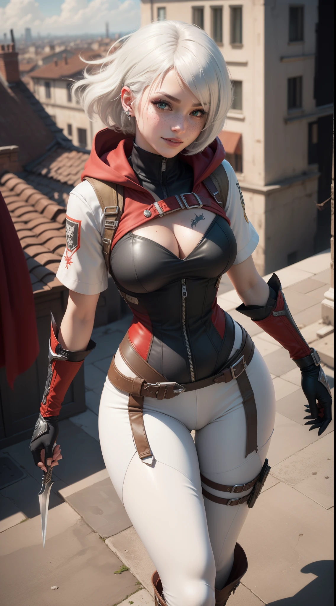 gwen tennyson,yorha 2b,tracer,y'shtola rhul,overwatch,assassin's creed,close up,Rome,rooftop,tattoos,white and red plugsuit,white short sleeve victorian top,white and red long assassin hoodie,lycra leggings,harness corset,long dress train,short hair,punk makeup,green eyes,multicolored silver hair, military gloves,sexy smile,freckles,beautiful girl,knee high boots,large breasts,8k,ultra detailed,realistic,fantasy art,assassin uniform, hair pin,ear piercings,(weather:windy),1girl, assassin daggers,running on the rooftop,