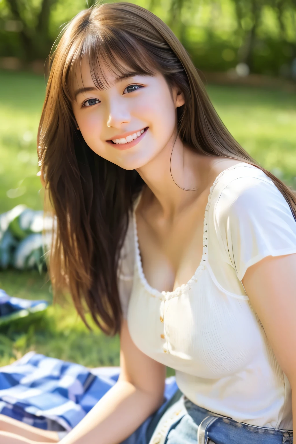 Close-up of a  woman、
big breasts、white skin、
Smiling Japan model、
young gravure idol、
young cute gravure idol、
リアルなyoung gravure idol、
realistic gravure idol、
young gravure idol、
sophisticated gravure idol、white blouse、Denim skirt、camping alone