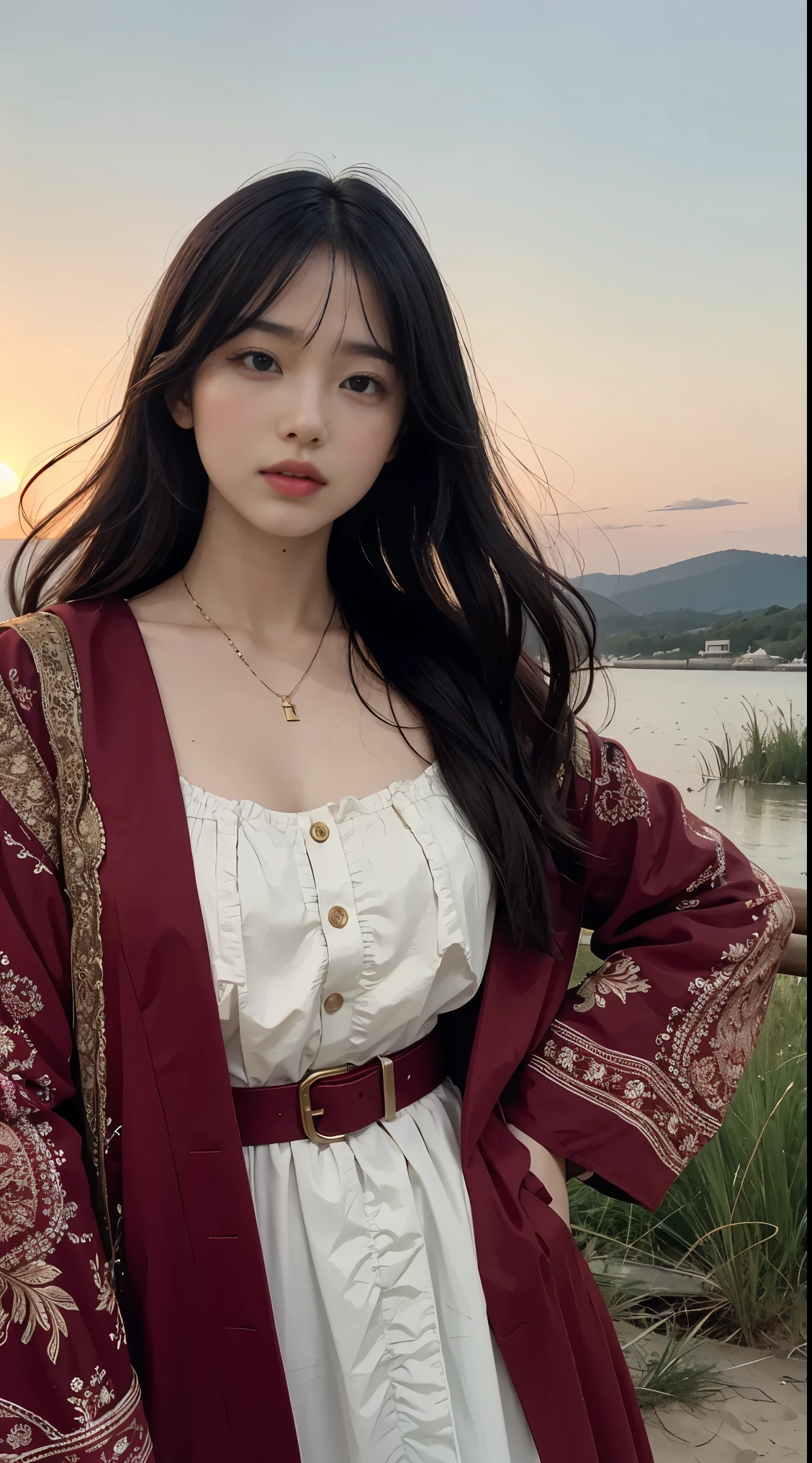 realistic, High resolution, 1 female, glowing skin, alone, wide lips,long hair,wavy hair, closed mouth, hip up,red cheeks,skin as white as porcelain,Wearing Western clothes,saggy breasts,small face,Anime character cosplay