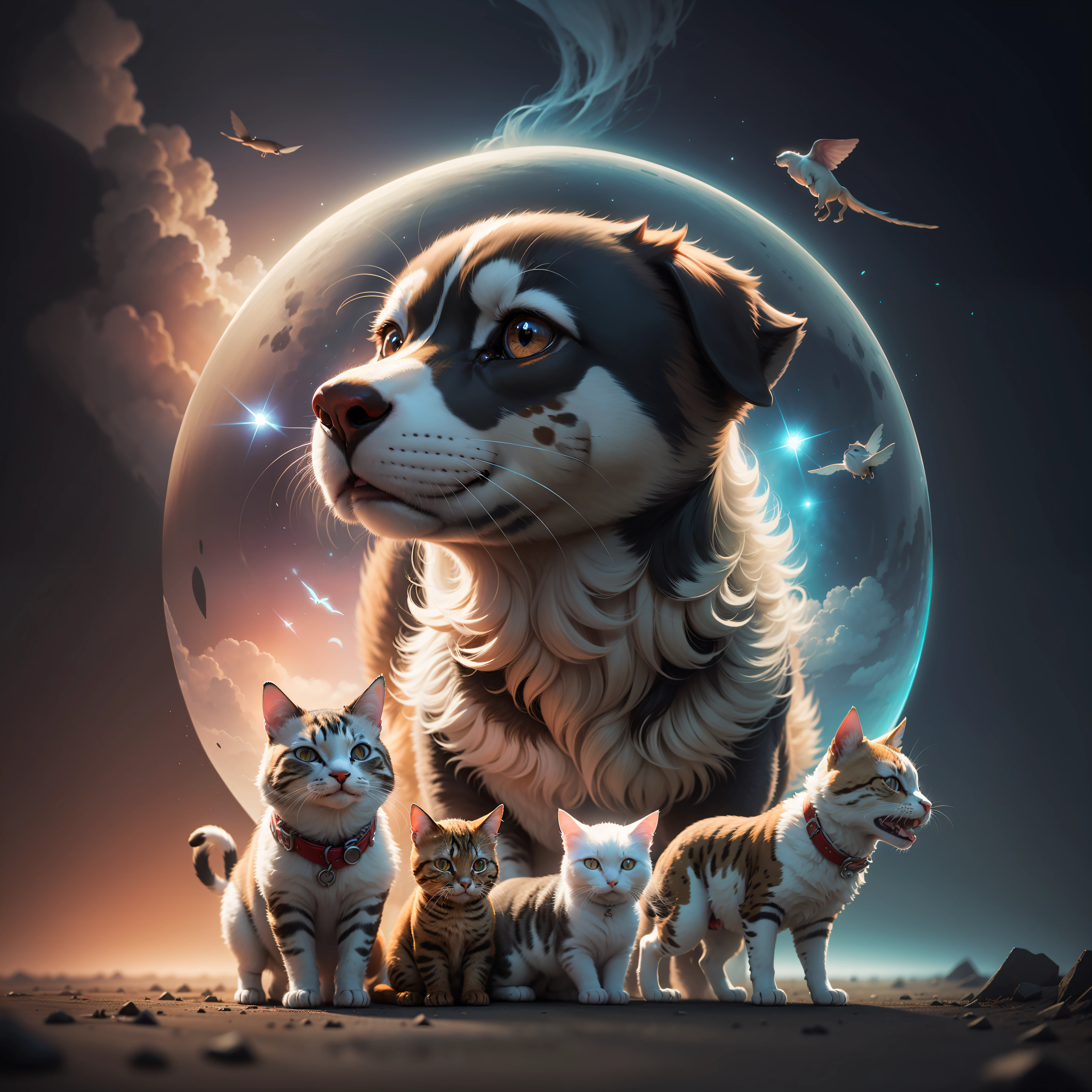 There are squinty eyes on one of the animals, Redo the eyes and make them aligned and remove the cat flying from the dog&#39;s side --auto