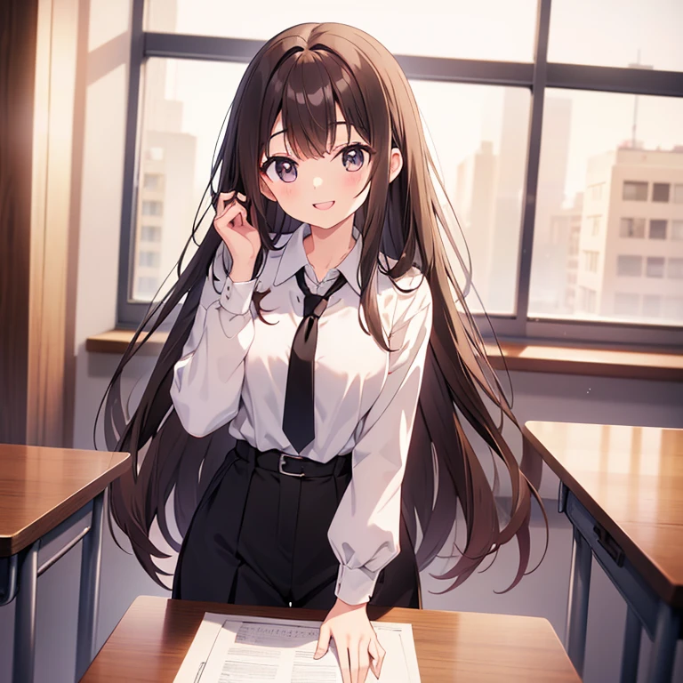 20 years old、Height 165 cm、pretty、Long brown hair、Bangs that reach the eyebrows、White shirt、black tie、black trousers、school、First-person perspective、head on hand、Place your hands on the table、Smile