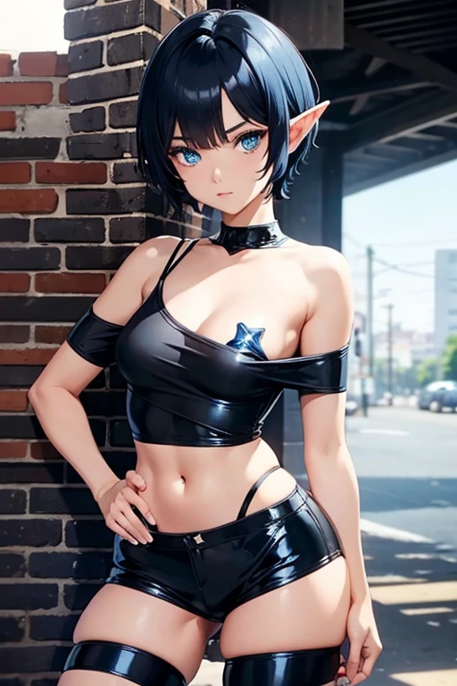 black short pixie hair, hair bangs covers left eye, blue eyes, elf, female, small breasts, dark blue t-shirt with light blue on stripe, black latex shorts, slim body,