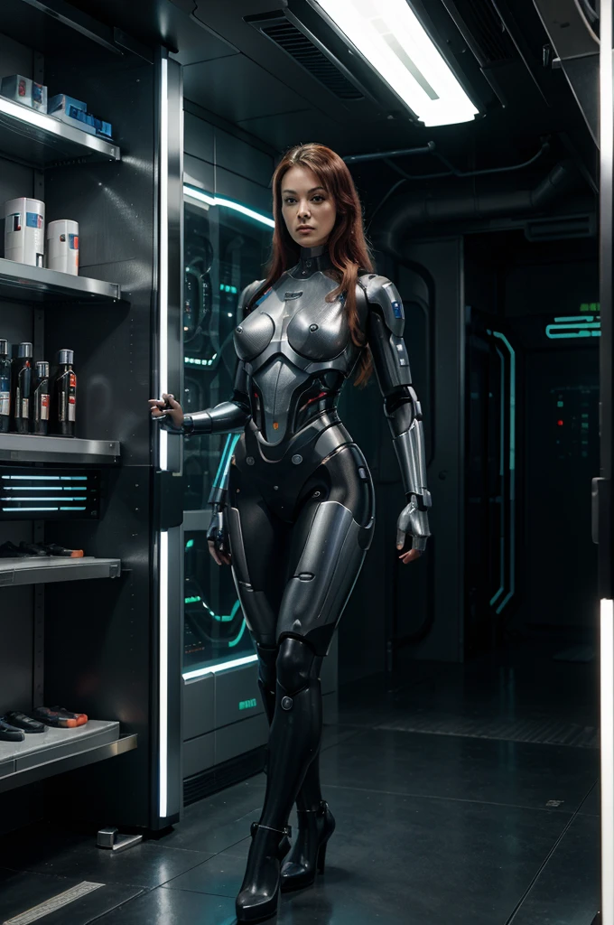 Cyborg woman, sexy, half nude, robot, robocop, cyberpunk, standing in
