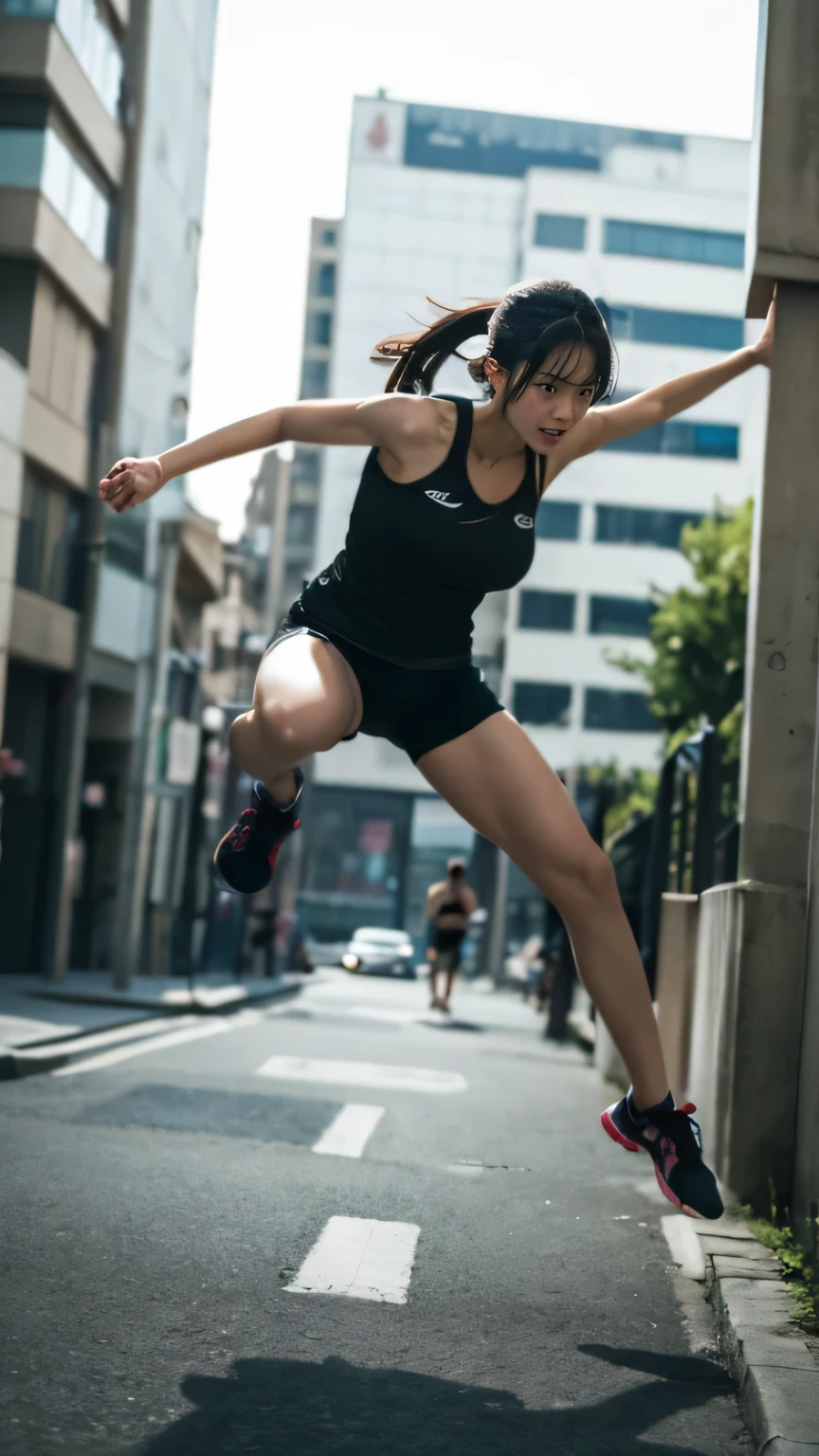 masterpiece, black hair, beautiful, elegant. Ultra-fine details, masterpieces, realistic textures, realistic cinematic lighting, perfect work, 8k, HD, delicate facial features, (Image from thighs to head), huge breast, (Japanese idol:1.2), Bold and vibrant parkour training outfit, Fearless traceur leaping over urban obstacles, Urban landscape with concrete structures and graffiti, Adrenaline-fueled parkour adventure,