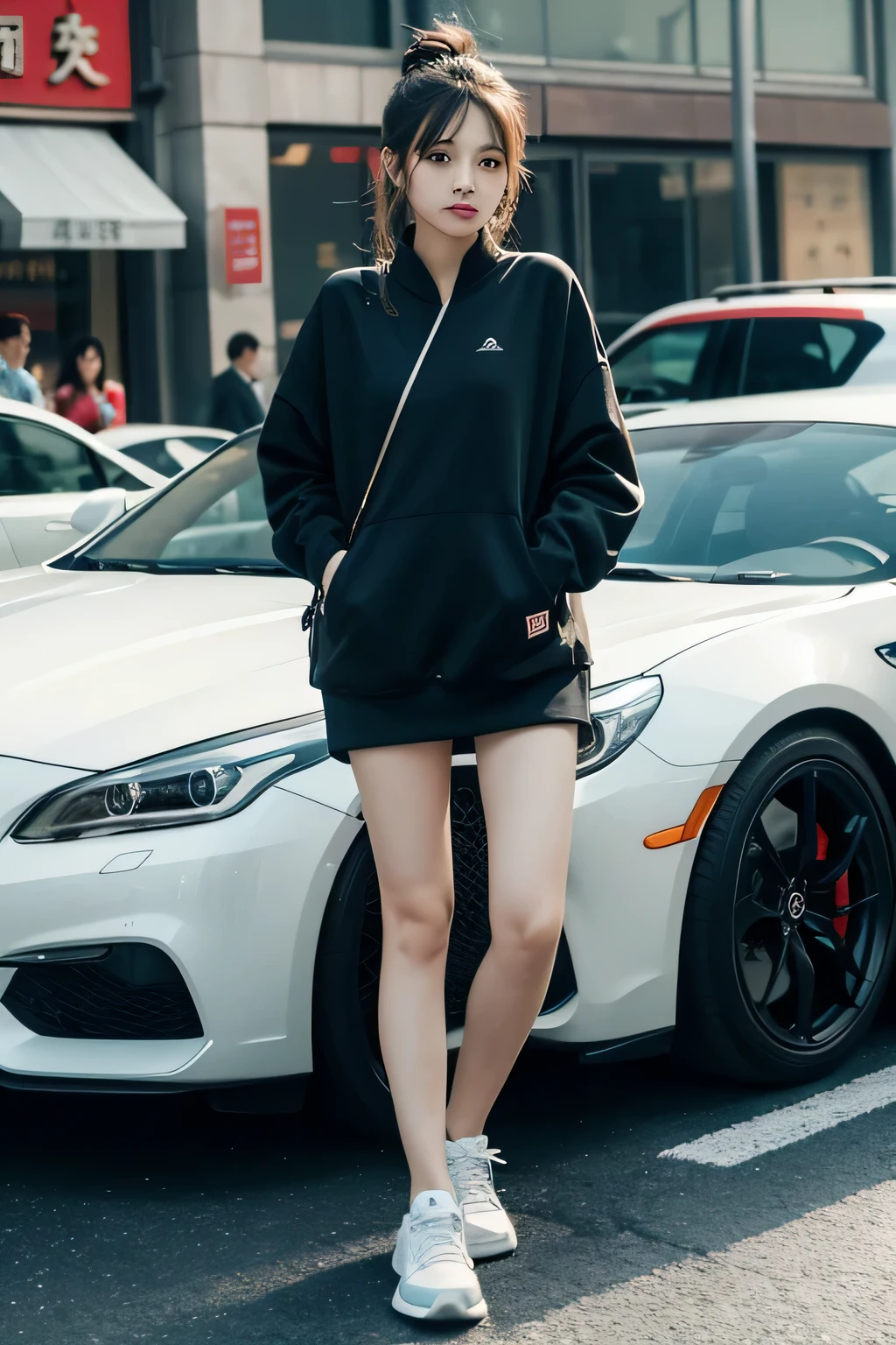 Chinese girl wearing fashionable casual sneakers,back to sports car,The background is a fashionable and bustling city,lifelike,Ultra high detail