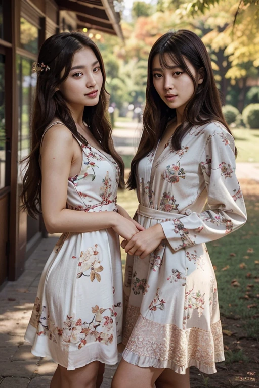 On a quiet autumn afternoon, Isabella, an exuberant woman with long hair and penetrating eyes. She wore an elegant floral dress, contrasting with the serenity of the environment. Beside her was her Korean friend, Ji-Yeon, a young woman with delicate features and a gentle smile.
