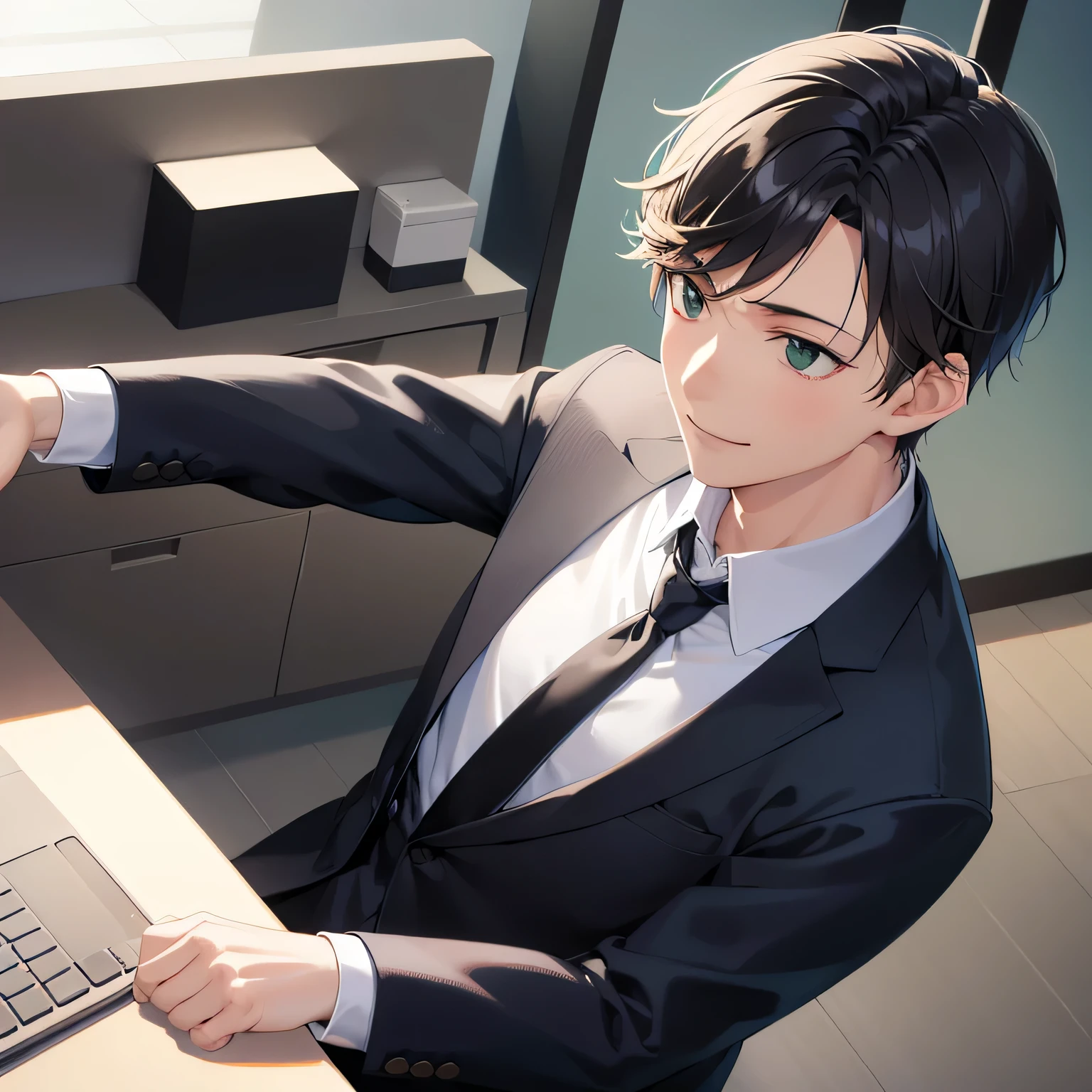 shooting from above、dutch angle, (looking away:1.5), masterpiece、high quality、25-year-old man with short black hair and green eyes、wearing a suit、wearing a white shirt、Wearing a tie、(Alone:1.5)、(smiling expression:1.1)、The background is an office、computer