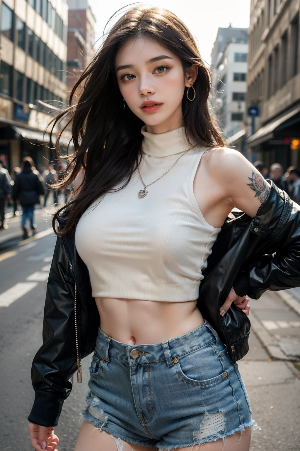 Beautiful girl college student,masterpiece,Light makeup,red lips,silver hair,messy long hair,street background,beautiful,grace。Super fine detail,work,Authentic texture,Realistic movie lighting,完美的work,8k,HD,Exquisite facial features,White skinny turtleneck top,White skinny shorts,slim figure,big bright eyes,,earring,necklace,Tattoos are
