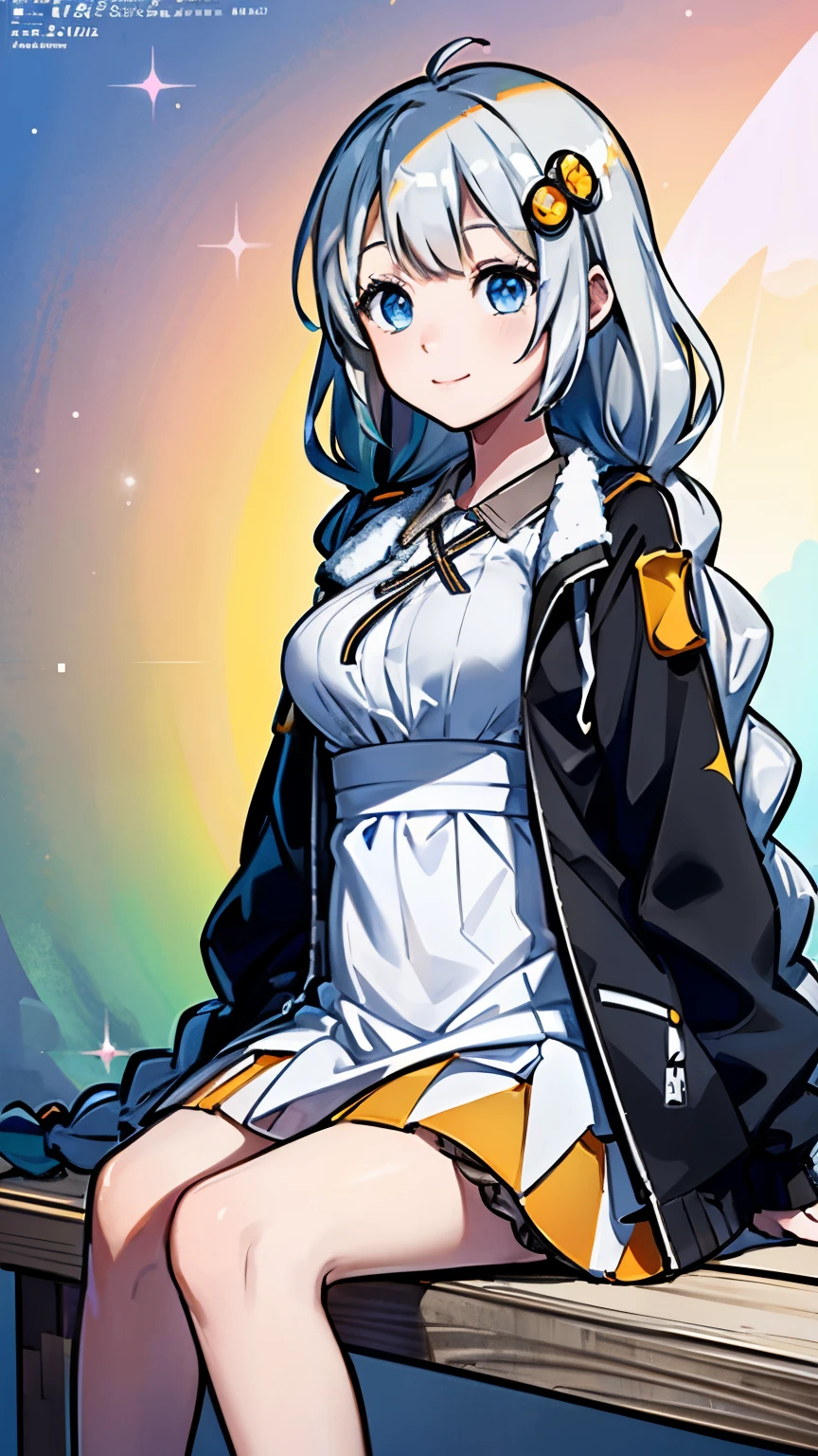 Vivid colors, ultra-realistic shading, ultra-detailed, spectacular view, beautiful transparency, ultra-high quality, extended, ((layer added 2.7)), vivid, ultra-bright colors 1.5, (high-definition CG unity 8k wallpaper: 1.3 ), beautiful ultra-sensitive art concept illustration, center color: 1.2 , (logic frenzy), [ultra-detailed skin], glossy light, lens flare 1.7, (backlight 0.9), Extremely close-up, slight bokeh , 1 girl, 1, k((((Akari Kizuna), (VOCALOID 1.2), (silver hair 1.2), (very long hair), (big braids 1.8), (round hair ornament), (blue eyes ), (eyeline 1.2)))), wearing a hat (cap), big black jacket, beautiful big eyes, sparkling eyes,outdoors,bench,sitting,smile,
