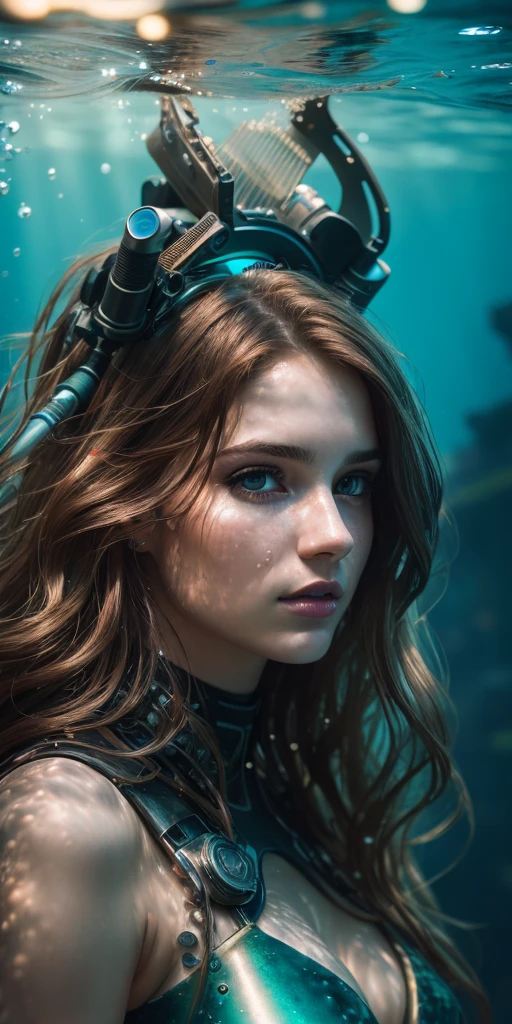 photo of a 25 years old european girl, (((underwater city))) RAW, beautiful woman, (extra long wavy brown hair), ((portrait)), ((detailed face:1.2)), ((detailed facial features)), (finely detailed skin), pale skin, (high detailed cyberpunk steel dress), cyberpunk megacity environment, (cold colors), damp, moist, reflections, (masterpiece) (perfect proportion)(realistic photo)(best quality) (detailed) photographed on a Canon EOS R5, 50mm lens, F/2.8, HDR, (8k) (wallpaper) (cinematic lighting) (dramatic lighting) (sharp focus) (intricate)