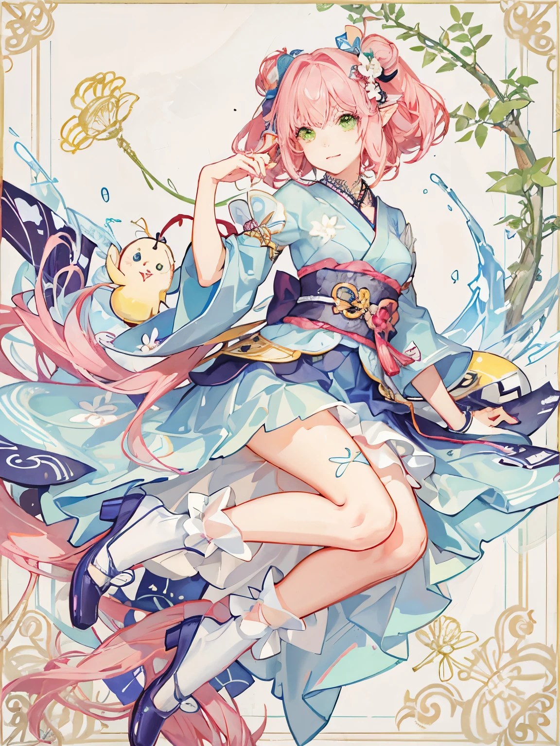 Japanese cartoons character with pink hair and green shoes sitting on a table, magical girl style, Decor inspiration illustration, magical girl Japanese cartoons mahou shojo, Japanese cartoons art nouveau cosmic display, Elf girl in floral suit, Girl manga character design, concept art of comiket cosplay, Exquisite details. Japanese cartoons. tentacle, The material is!!! Plum!!!, old artbook