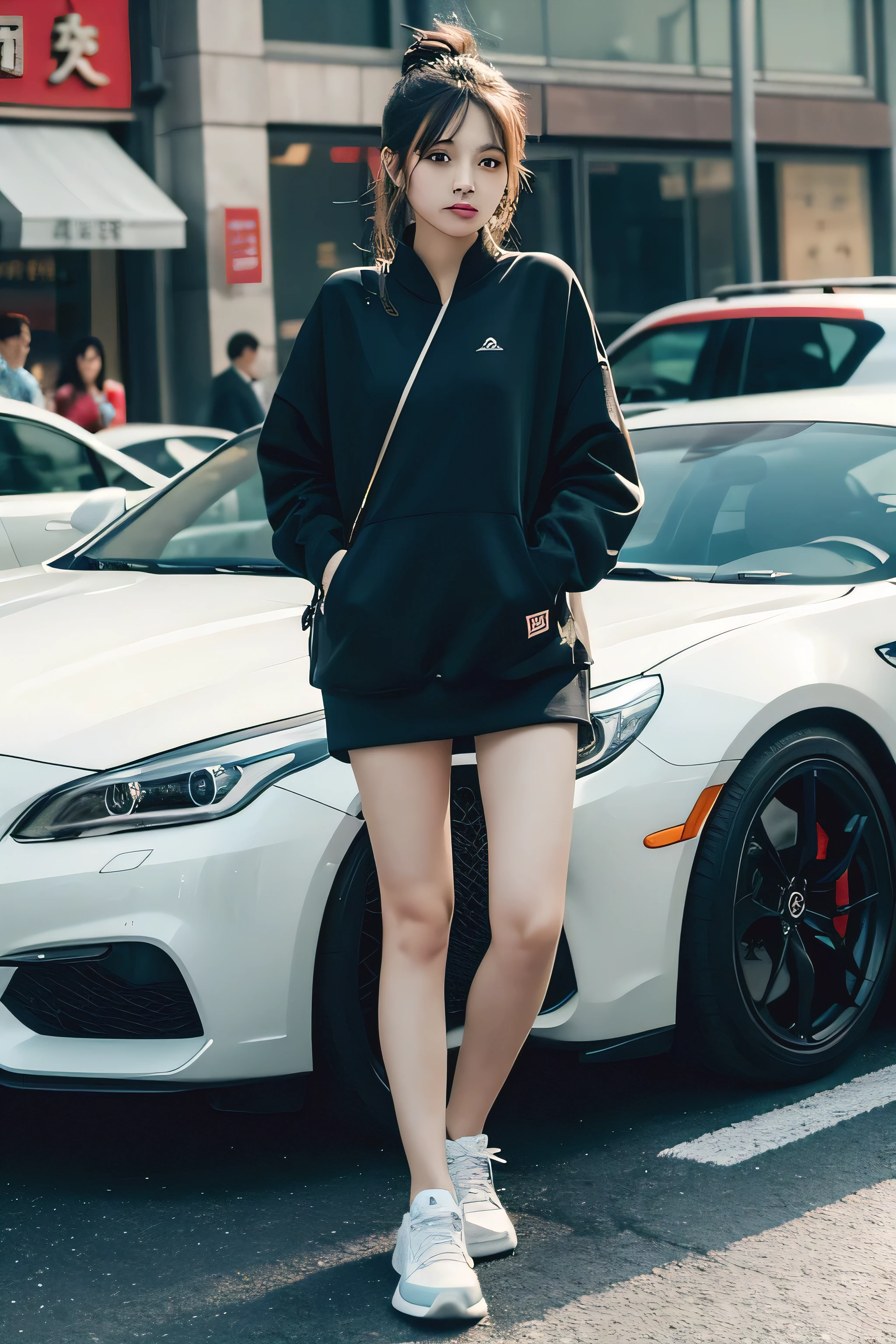 Chinese girl wearing fashionable casual sneakers，back to sports car，The background is a fashionable and bustling city，lifelike，Ultra high detail