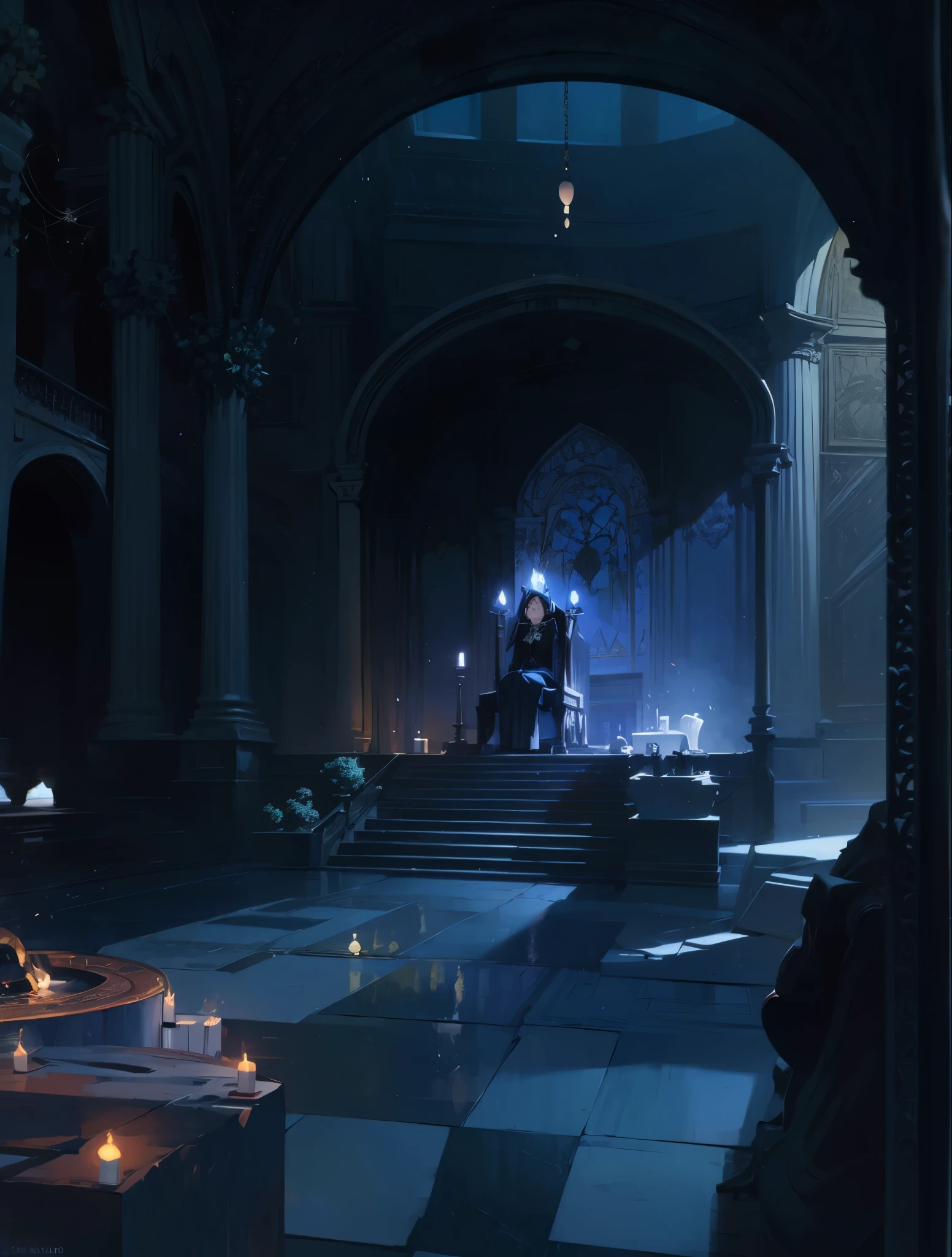 (masterpiece:1.2),best quality,PIXIV, ghotic interior, altars, blue lumeniere, column, throne, blue light, fretwork