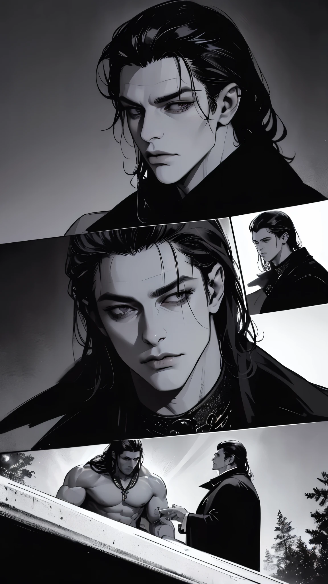 ((high detail, masterpiece)), dramatic lighting(absurdres, highres, ultra detailed), extremely detailed CG unity 8k. mature face, adult man, man, mature man, muscular, tall, long dark black hair, sharp jawline, sharp eyes, muscular build, earrings, mature man, formal black clothing
