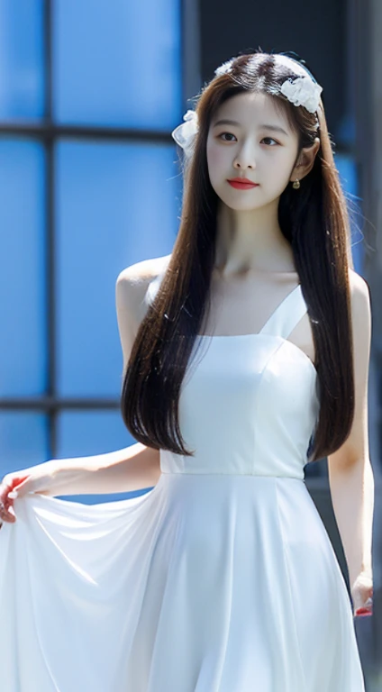 an asian girl with long dark hair and a pretty white dress, in the style of precise hyperrealism, light silver and dark pink, gongbi, transparent/translucent medium, combining natural and man-made elements, dark white and dark azure, luminous quality 