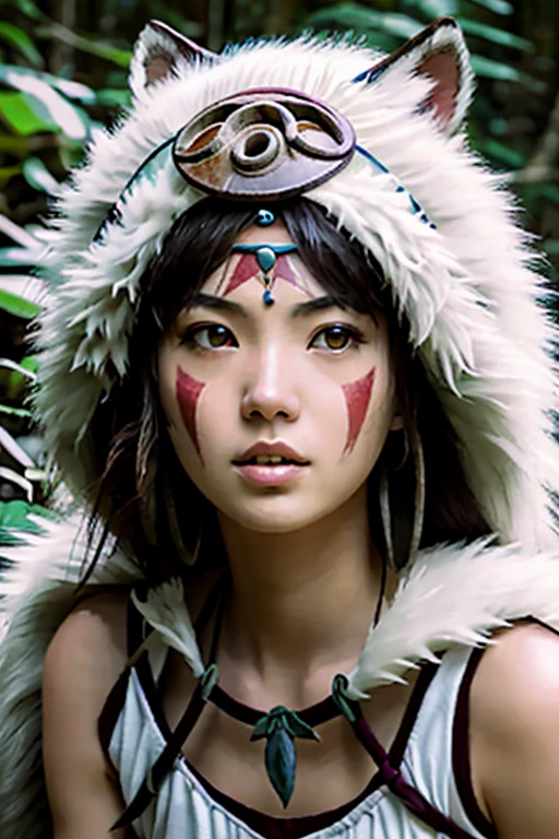 1 girl, alone, Portrait of a giant gray wolf and a beautiful princess Mononoke in the jungle, Severe,  detailed, realistic, photograph, blurred background, soft focus  、Kana Hashimoto