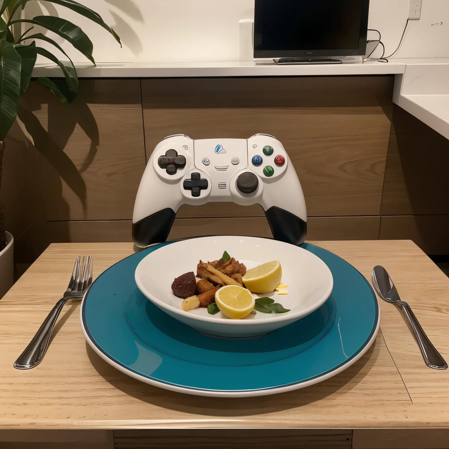 "Present an innovative gaming plate with the unique ability to customize the outside with designs of the customer's choice, enquanto a parte interna permanece sempre branca. Talheres minimalistas complementam o conjunto, adorned with discreet gamer symbols. Strategically designed dividers make eating easy, evitando sujeiras na mesa. Highlight the product in multiple images to highlight its distinctive simplicity and personalization."