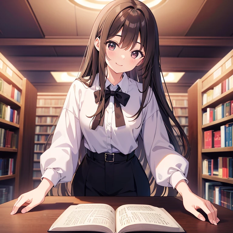 20 years old、Height 165 cm、pretty、Long brown hair、Bangs that reach the eyebrows、White shirt、black tie、black trousers、library、First-person perspective、Hand on the table、head on hand、Smile、There are books on the table