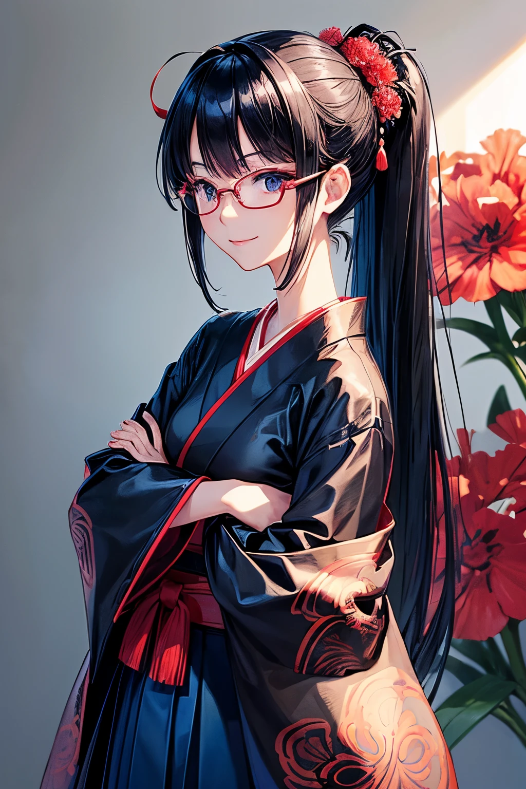 A 26 years old Japanese lady (( slender, small breast)), black straight shiny hair over one eye(( one dianthus motif small hairpin )), much forelock, wears shrine maidens clothes ((and a red hakama)) , blue under rim glasses, looking back pose, holding her arms in front, smiling respectfully,((no background))(( shiny blue eyes))