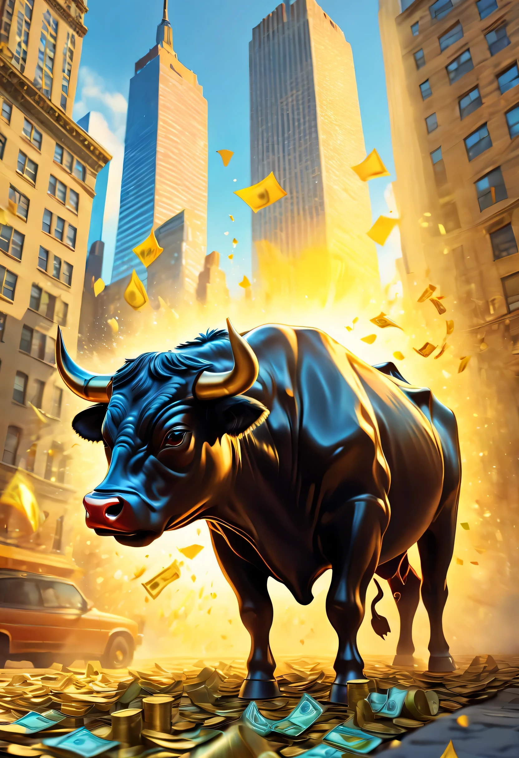 Dream illustration, fairytale-like, Oil painting, 8K，k hd, charging bull from wallstreet, Face, snorting, mouth closed, Background, new york buildings with money flying, HD, Golden, Light yellow, sunrise colors, Golden light atmosphere (Digital drawing:1.2), Comic style, ToonYou Style, Illustrative funk, Counterwave graffiti, Perspective view, Extreme Face Close-Up, tee shirt graphic, Ultra HD, Realistic, Vivid colors, Highly detailed, Ultra HD drawing, pen and ink, Perfectcomposition, beautiful detailed intricate insanely detailed octane render trending on artstation, 8K Art Photography, Arte conceptual fotorrealista, soft natural volumetric cinematic perfect light
