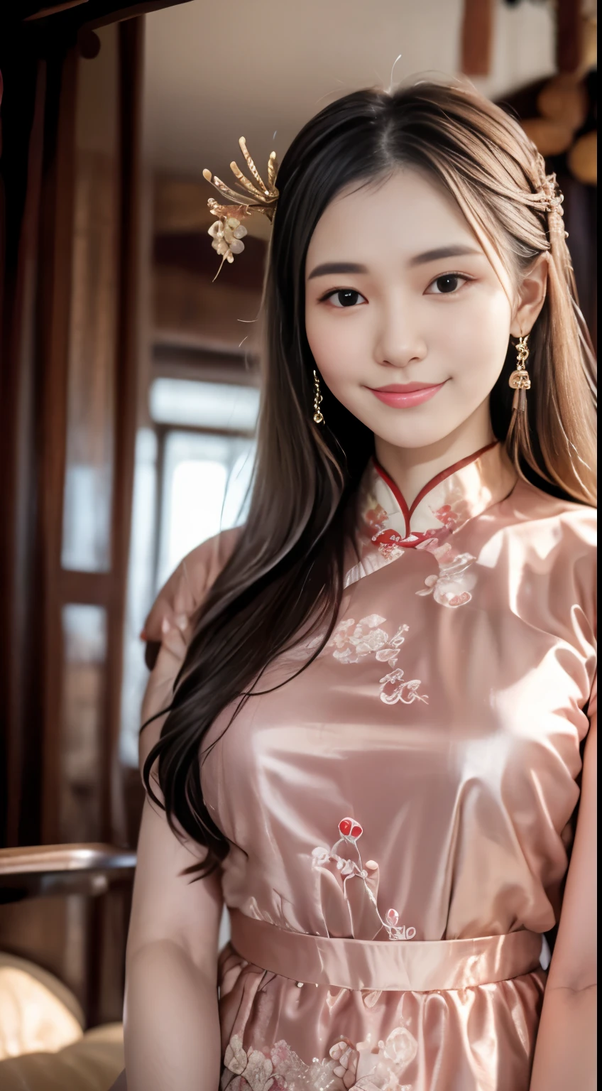 Best quality, masterpiece, high resolution, 1girl, ancient Chinese pink dress, beautiful face, ancient Chinese clothing, bowknot without the original picture, elegant, noble, crown, thin leg, fairy, hair accessory, solo, looking at viewer, smiling, shut up, lips, dress, hair accessory, necklace, jewelry, long hair, earrings, architecture, east asian architecture