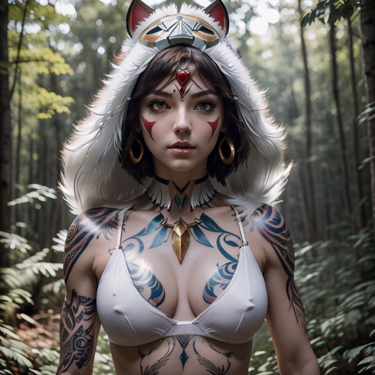 (realistic, masterpiece, ethereal, cosmic, mirror color background, bright light pyramid, Falling tree spirit in the background, refract the light, surreal aesthetic, cinematic lighting), (1 female, Princess Mononoke with a red and gold mask on her head, beautiful blue crystal necklace, beautiful eyes, perfect face, perfect nose, perfect eyes, gray xanthomatous eyes, white armor, chest plate, Shoulder Plate, intricate white armor plate, decorative sexy armor, huge breasts, Big quadriceps, 6-pack abs, toned abdominal muscles, muscular, thin waist, shiny hair, shiny skin, confident attitude, sexy pose, action pose, Small tattoos, lots of tattoos, mid length bob cut) He had many piercings in his ears., sternum tattoo, tree spirit tattoo, heavy chest tattoo, heavy tattoo on shoulder, heavy sternum tattoo