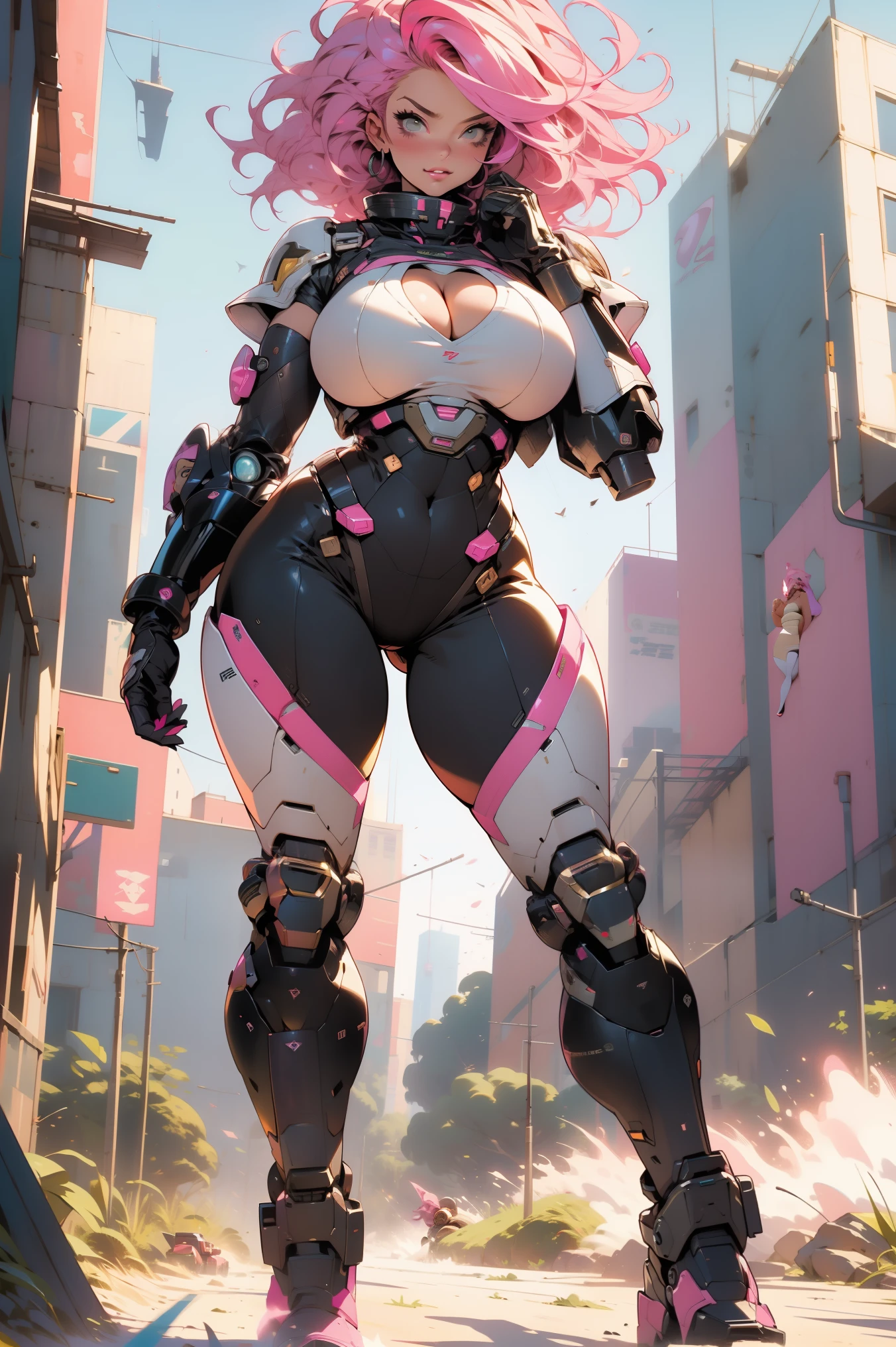 ((Best quality)), ((perfect masterpiece)), (detailed: 1.4), (Absurd), (((full body, curvy body, enormously gigantic tits, cleavage showing)), (((pink hair woman))), 21-year-old woman, Beautiful sexy busty woman, giant robot pilot, wild with perfect curvy body, wearing mecha battle armor little clothing, tiny thong, clothing with Japanese cyberpunk graphic patterns, halftone pattern and vertical stripes, earth tone, coming out of the body of a giant robot