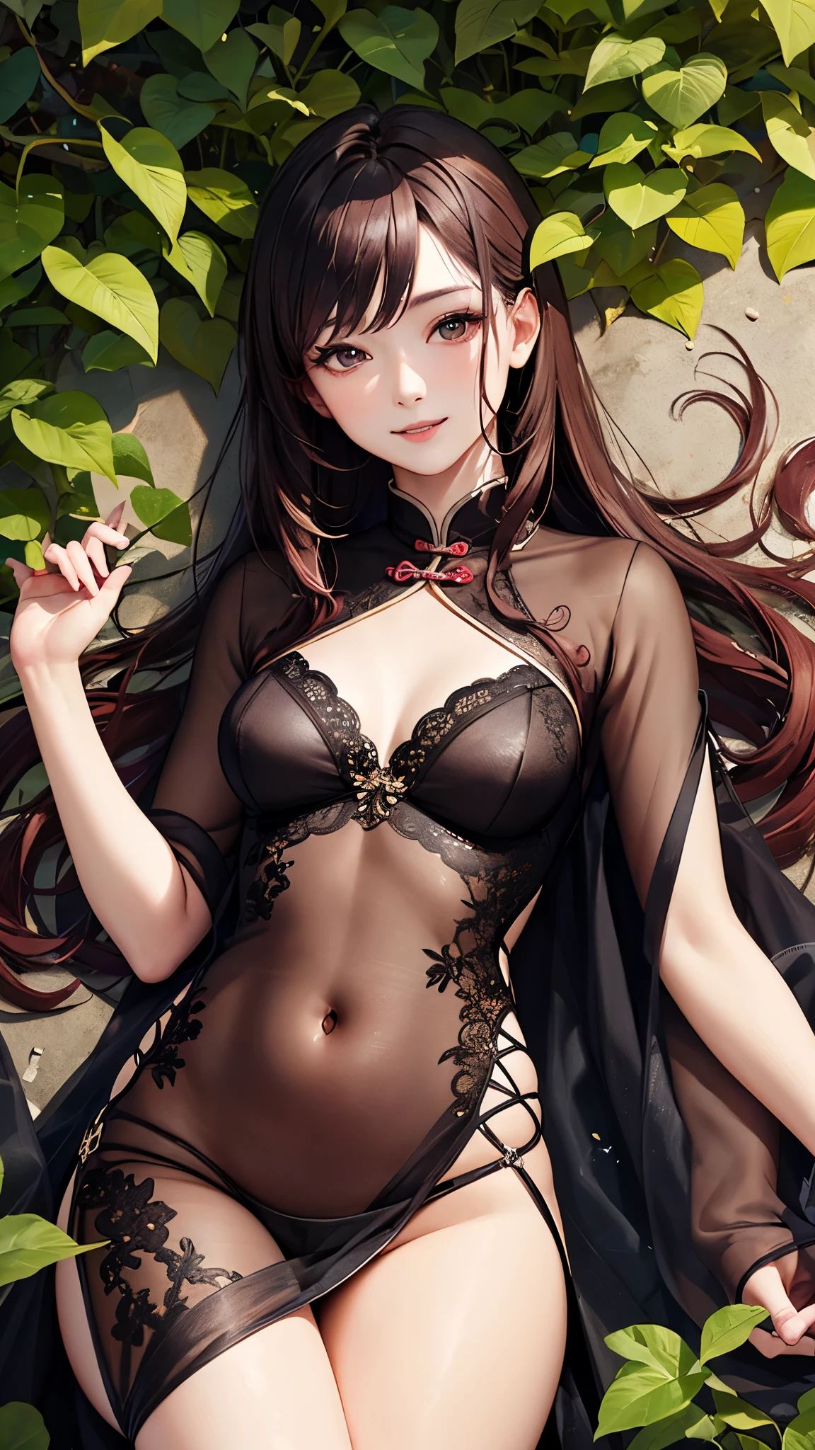 (masterpiece), best quality,Chinese style，Chinese elements， expressive eyes, perfect face, Adult lying among leaves, red wavy hair, Wearing transparent silk clothes, plump figure, Exquisite facial features, Realistic picture quality, A Chinese girl about 18 years old, Surrealism，Smile