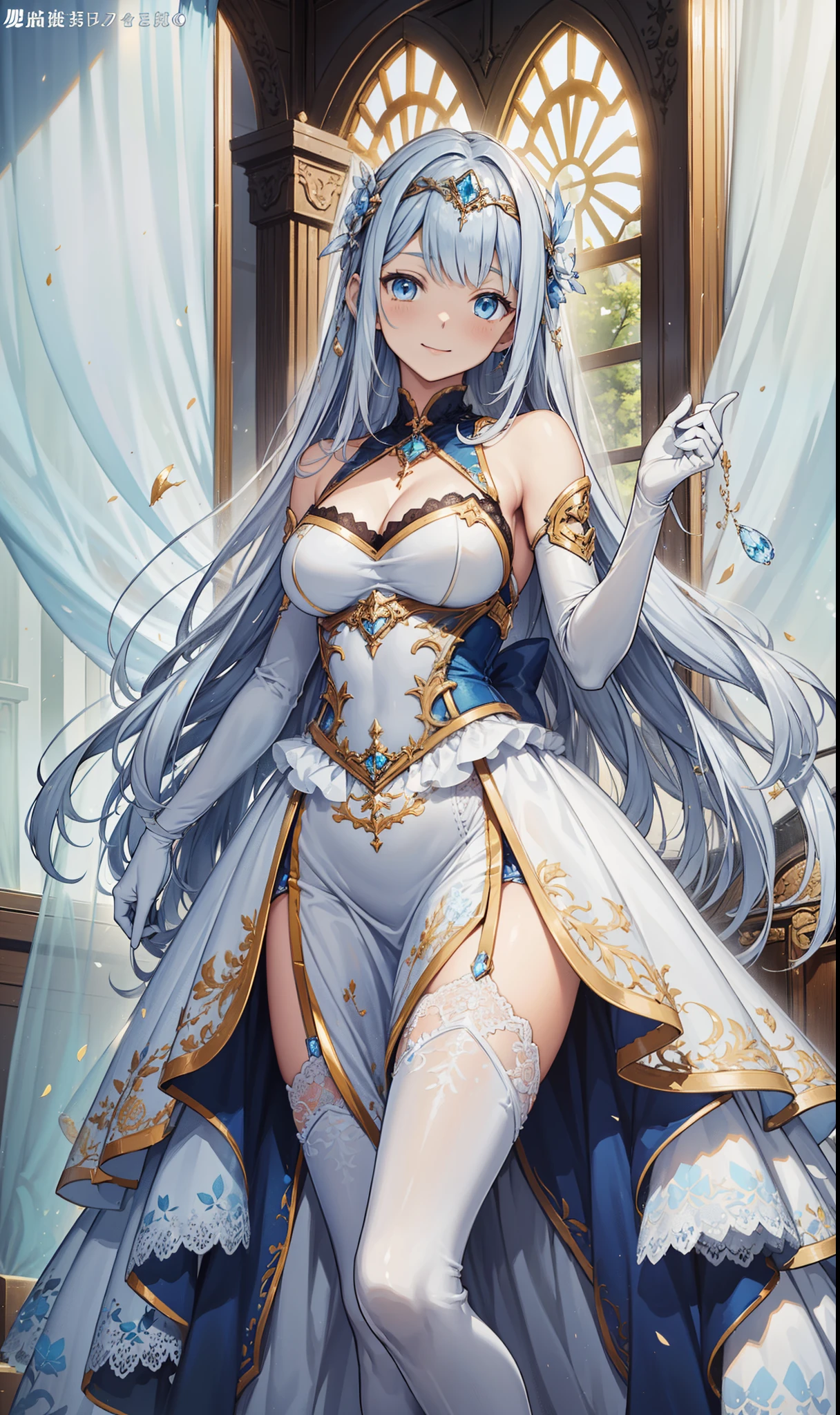Virgin,Moderate,having fun,Being in love,Fantasy transparent white dress,black gloves,silver hair,blue eyes,see through transparent clothes,Delicate hair accessories,Transparent lace,holy sky blue yellow and white pattern,night,Beautifully dressed,bedroom,Carved suspender boots,Super details,Exquisite and beautiful face
