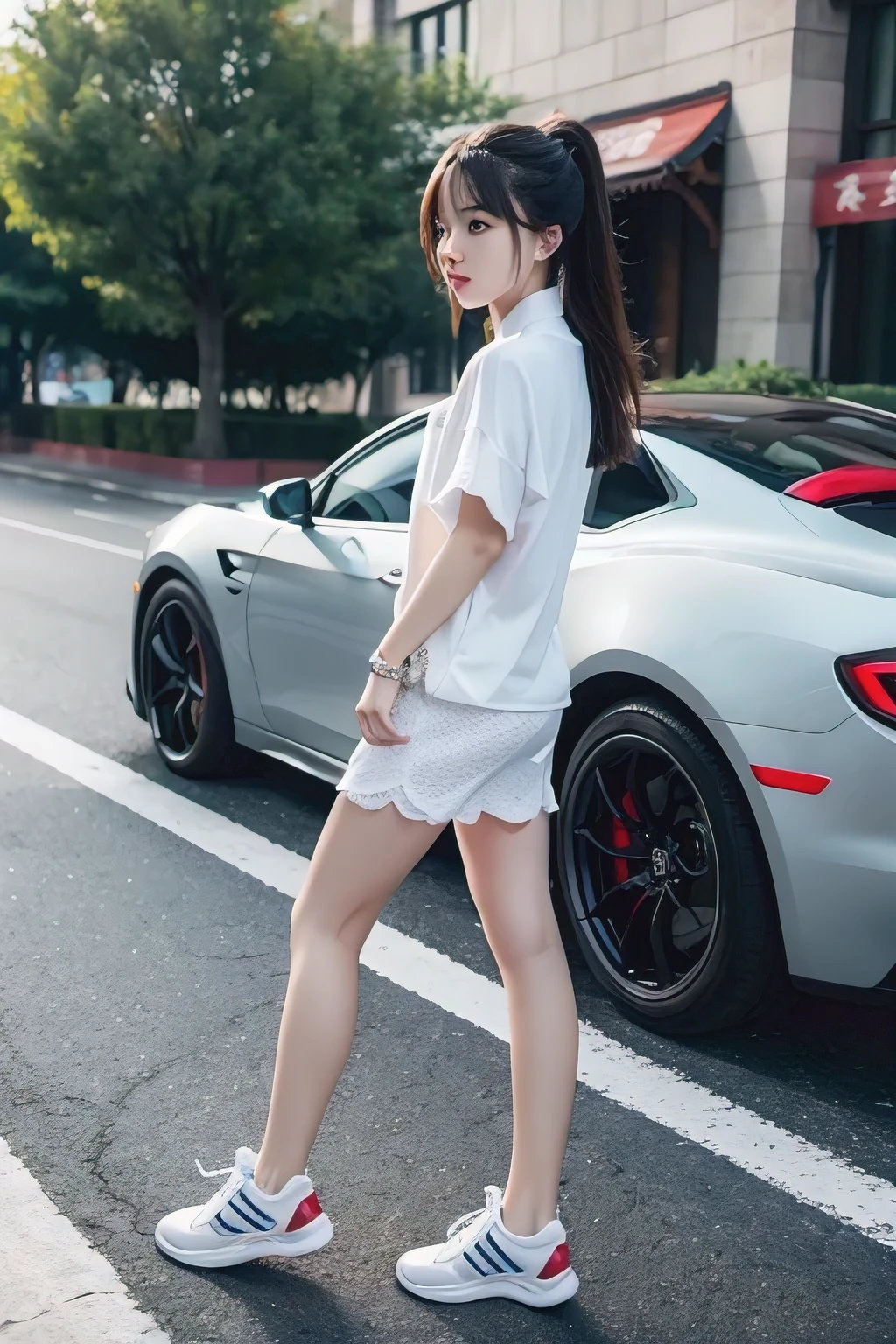 Chinese girl wearing fashionable casual sneakers,back to sports car,The background is a fashionable and bustling city,lifelike,Ultra high detail