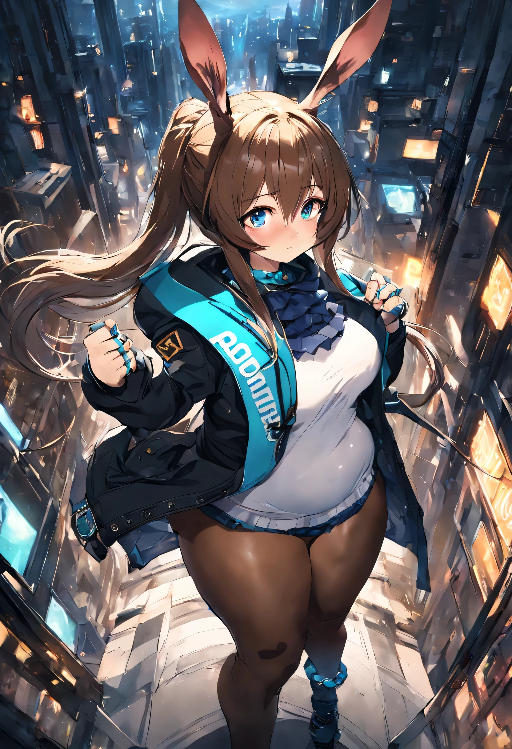 NSFW,1 girl,Amiya \(arknights\),arknights,cinematic angle,shortening,dark,highest quality,超High resolution,masterpiece,High resolution,8K,UHD,detailed lighting,animal ears,brown hair,Bunny ears,long hair,ponytail,bangs,big beautiful blue eyes that shine,hair between eyes,jewelry,Ascot,ブルーAscot,black jacket,open jacket,long sleeve,tights,黒tights,open clothes,Hood down,Multiple rings,thumb ring,shirt,白のshirt,blush, ultimate beautiful girl,White and beautiful shiny skin,big ,sensual,Plump,Chubby,thick thighs,big ass,looking at the viewer,dynamic composition,City of night,whole body