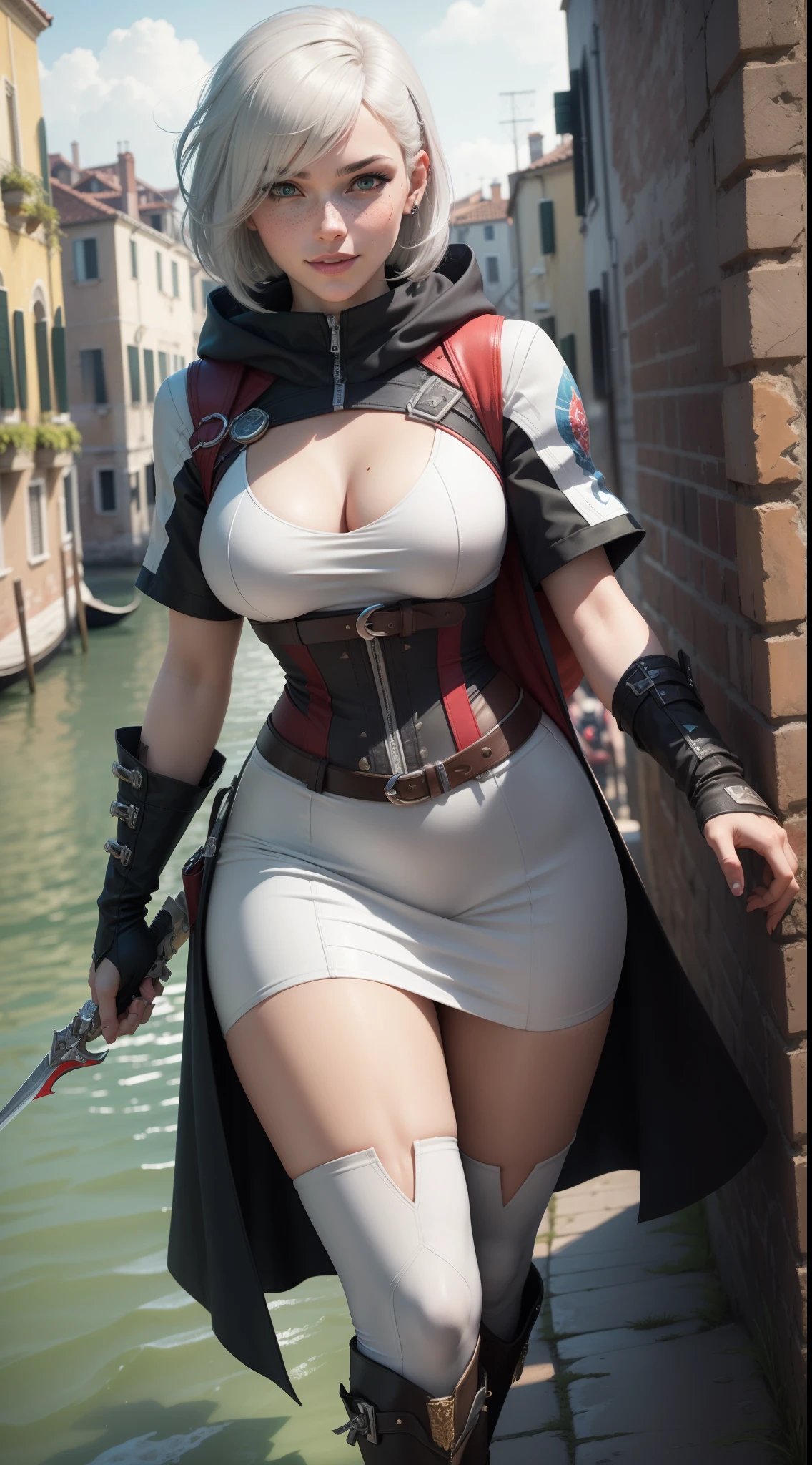 gwen tennyson,yorha 2b,tracer,ezio auditore, overwatch,assassin's creed,close up, Venice,venetian river,tattoos,white and red plugsuit,white short sleeve rogue top,white and red long assassin hoodie,lycra leggings,harness corset,long dress train,short hair,punk makeup,green eyes,multicolored silver hair, military gloves,sexy smile,freckles,beautiful girl,knee high boots,large breasts,8k,ultra detailed,realistic,fantasy art,assassin uniform, hair pin,ear piercings,(weather:windy),1girl, assassin daggers,walking,