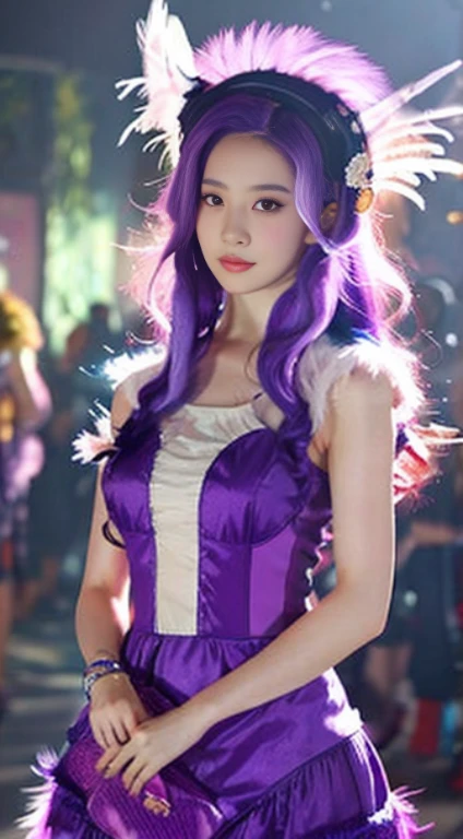 a female fox in a purple dress and purple hair, in the style of artgerm, xiaofei yue, 32k uhd, made of feathers, contest winner, colorful costumes, anime aesthetic 