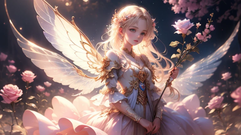 Beautiful transparent flower fairy , transparent colorful wings, The wand flutters in the wind､The wand flashed in starlight，Golden wand，Beautiful blue sky and white clouds、Girls have transparent wings､smile gently､beautiful garden background､Gentle and transparent，correct anatomy, delicate pattern，Space for pink roses, soft lighting, ( Bokeh)，masterpiece, Super detailed, magnificent composition, highest quality, 8K，Epic romantic fantasy digital art，Epic fairytale fantasy digital art，mythical fantasy，UHD resolution，Detailed Detail Drawing，Realistic，非常にRealisticな，cinematic lighting,award winning photos,rich colors，Ultra-realistic lifelike textures，dramatic lighting,big eyes