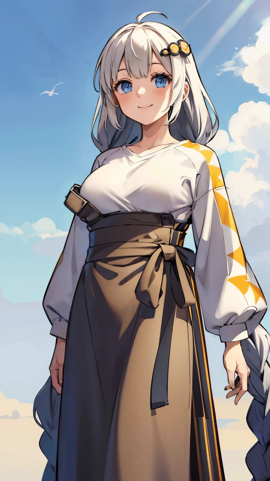 masterpiece,best quality,highres,ultra-detailed,bbakari,blue eyes,long hair,ahoge,twin braids,white shirt,long sleeves,long skirt,suspender skirt,star print,striped,sneakers,outdoors,smile,upper body