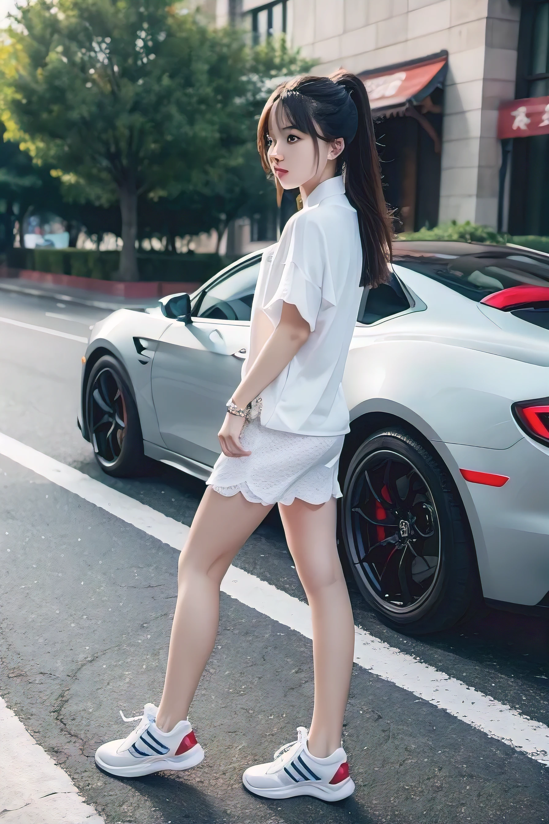 Chinese girl wearing fashionable casual sneakers,back to sports car,The background is a fashionable and bustling city,lifelike,Ultra high detail