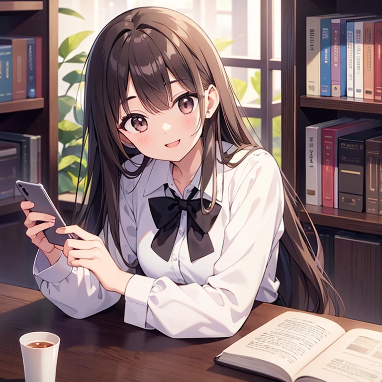20 years old、Very tall、pretty、Long brown hair、Bangs that reach the eyebrows、White shirt、black tie、black trousers、library、First-person perspective、Hand on the table、head on hand、Smile、There are books on the table、Hold your phone、Wearing white wired headphones