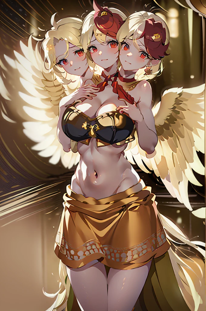 (masterpiece, best quality),best quality, best resolution, (ultra-detailed), (3heads:1.5), 1girl, (Kutaka Niwatari:1.3), masterpiece, best quality, orange puritan and white top, crop top, ((stomach)), midriff, ((groin)), orange-brown skirt, miniskirt, normal ears, shackles, light yellow hair, very long hair, wavy hair, sidelocks, red eyes, parted lips, single horn, sweat, cute, toned belly, hand on own chest, eyelashes, (24 year old woman:1.3), (masterpiece:1.5), (best quality:1.5), (beautiful detailed), extremely detailed CG, extremely delicate and beautiful, depth of field, (finely detailed face), (perfect details:1.2), (mature female:1.3), wide pelvis, slender, large veiny breast, 8k resolution, high quality, high definition, extremely detailed, masterpiece, light yellow hair, long hair, alluring presence, twin braid, short skirt, close up, big tits, young, fluffy yellow wings, bushy, feathery tail, red nest-like extension,