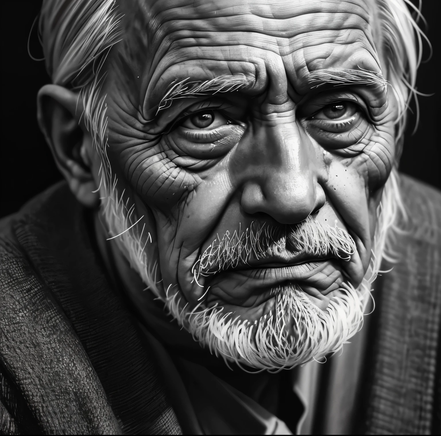 (best quality,highres,masterpiece:1.2),charcoal art style,canvas,elderly man portrait seated in a chair,intense gaze,open eyes,detailed facial features,wrinkles,greying hair,realistic shading,grayscale,2D