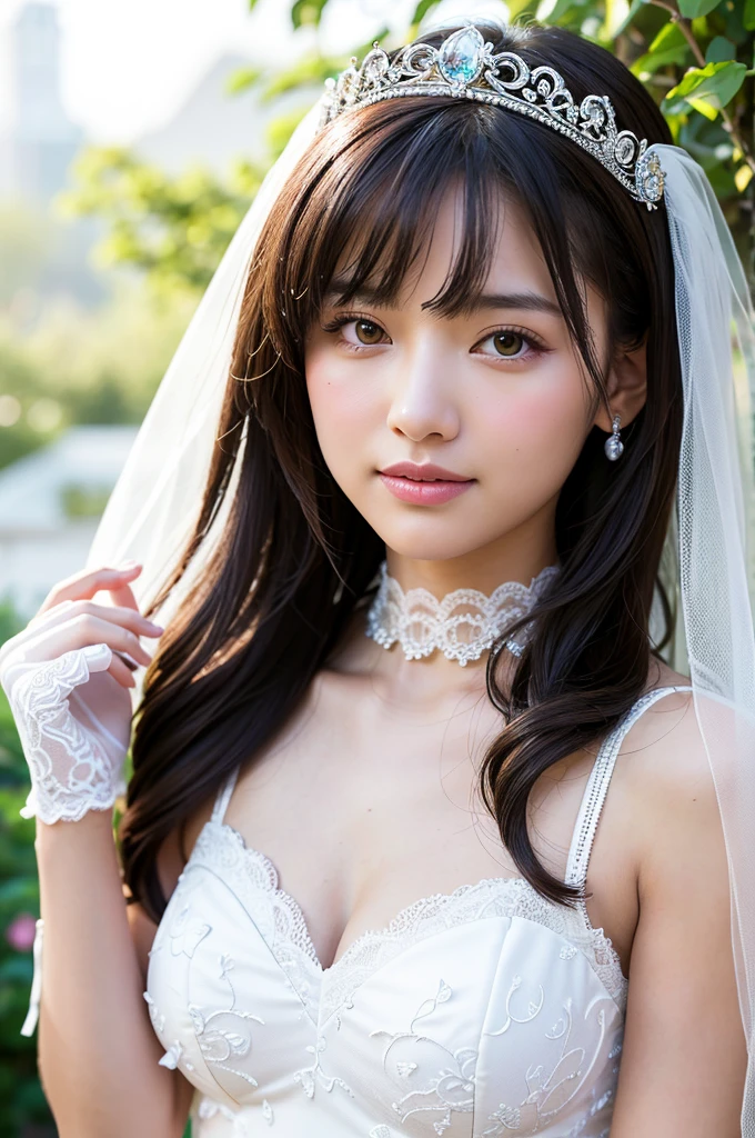 8K, RAW photo, highest quality, masterpiece: 1.2), Super detailed, ultra high resolution, (realistic, realistic photos: 1.37), portrait, High-definition RAW color photos, professional photos, Particle Texture Photography, very delicate and beautiful, very detailed, 8K wallpapers, Amazingly detailed details, huge file size, official art, Highly detailed CG Unity 8K wallpaper, very detailed beautiful girl, very detailed face, very fine eyes, very detailed skin, very detailed fingers, very detailed nose, very detailed mouth, perfect , very detailed background, very detailed clothes, 1 girl, (20-year-old: 1.2), 20th generation, cute girl, realistic body,, short hair, (bangs: 1.2), smile, cute, youth, cute face, realistic face, delicate eyes, 垂れ目highest quality, masterpiece, 8K quality, high detail, photographic style, detailed background, 28 year old beautiful Japanese woman、bridal tiara, bridal veil, bridal gauntlet, round idium 、胸のvalley間、semi body shot、White wedding dresses、valley、landscaped gardens、(White Princess Line Wedding Dresses、bridal tiara、white choker、white lace gloves、white pantyhose:1.2)，(white skirt、beautiful embroidery、White lace garter belt:1.2)，Beautiful necklaces、Upper body, Beautiful Wedding Venue,With a well-shaped , Clear waist, and beautiful light brown hair, Captivate everyone around. Please generate a detailed description of this scene.,fair and beautiful skin、Gentle atmosphere、bangs、beautiful hair、cute face、Portrait、cute girl、Popular models in Japan、smiling kindly、綺麗な胸のvalley間、
