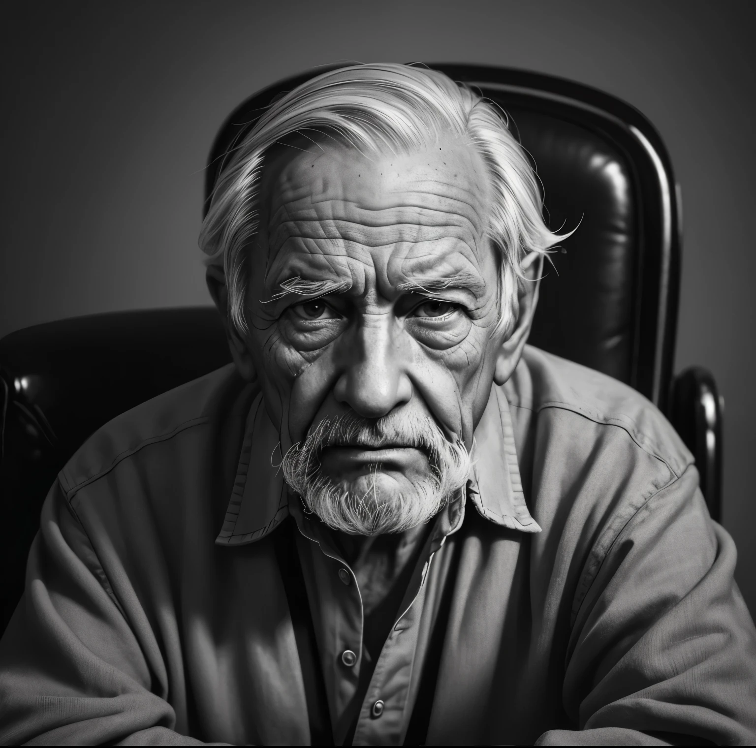 (best quality,highres,masterpiece:1.2),charcoal art style,canvas,elderly man portrait seated in a chair,intense gaze,open eyes,detailed facial features,wrinkles,greying hair,realistic shading,grayscale,2D, perfect face texture. Sad face. Black and White, perfect edges, poetic expression