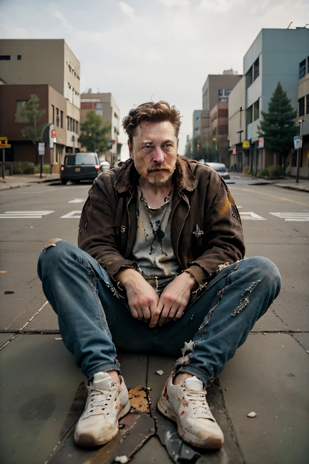 (hobo clothes), Elon musk on the street in uneaten, homeless, (dirty), ((torn clothes)), on the street, sitting on the ground, Elon musk super dirty
