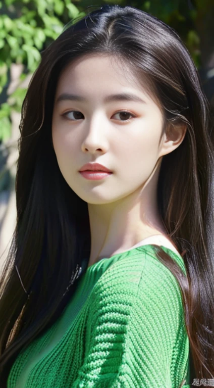 the girl with the green sweater, long hair is posing for a picture, in the style of xiaofei yue, distinctive noses, shiny/glossy, light black and light aquamarine, babycore, dark brown, bella kotak