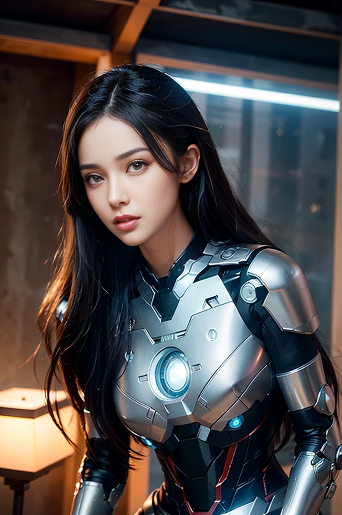 RAW, Masterpiece, Ultra Fine Photo,, Best Quality, Ultra High Resolution, Photorealistic, Sunlight, Full Body Portrait, Stunningly Beautiful,, Dynamic Poses, Delicate Face, Vibrant Eyes, (Side View) , she is wearing a futuristic Iron Man mech, very detailed background, detailed face, detailed busy background, messy, gorgeous, milky, high detailed skin, realistic skin details, visible pores, sharp focus, volume Fog, 8k uhd, dslr, high quality, film grain, fair skin, photorealism, lomography, sprawling metropolis in a futuristic dystopia, view from below, translucent