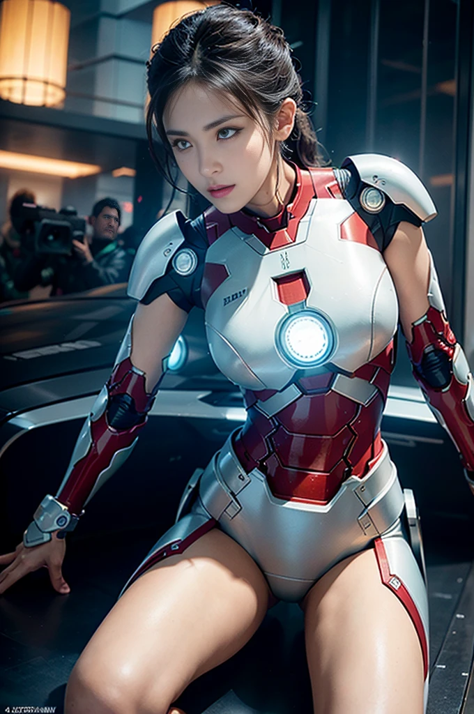 RAW, Masterpiece, Ultra Fine Photo,, Best Quality, Ultra High Resolution, Photorealistic, Sunlight, Full Body Portrait, Stunningly Beautiful,, Dynamic Poses, Delicate Face, Vibrant Eyes, (Side View) , she is wearing a futuristic Iron Man mech, very detailed background, detailed face, detailed busy background, messy, gorgeous, milky, high detailed skin, realistic skin details, visible pores, sharp focus, volume Fog, 8k uhd, dslr, high quality, film grain, fair skin, photorealism, lomography, sprawling metropolis in a futuristic dystopia, view from below, translucent