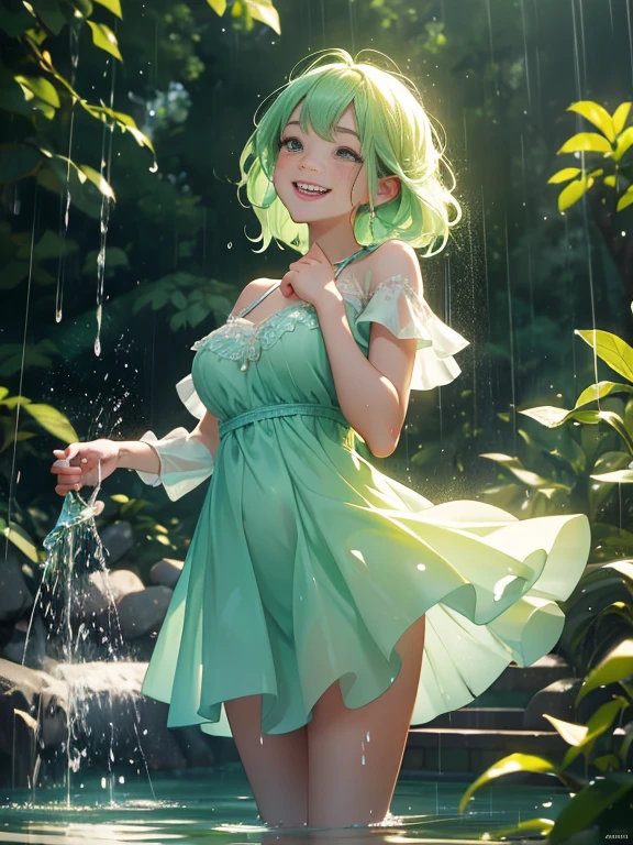 A laughing young woman in a pastel green chiffon dress dances in a fairytale rain.., High quality paintings that are realistic yet artistic.., cgsociety competition winner, Wet shirt effect, rain effect, Water Effects. splashing water, squirting,,Long Ong water splashed all over the area., Beautiful lighting elements, Beautiful corner, Smooth Movement, Winning photos, cute picture, Powerful photos, backlit photography, The atmosphere is like being in a fairy tale.
