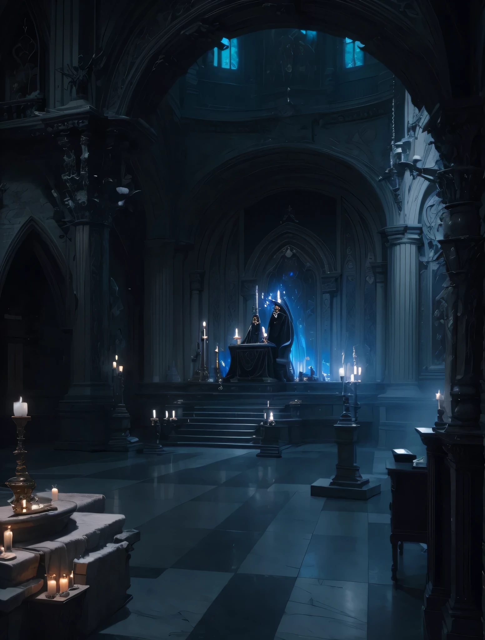 (masterpiece:1.2),best quality,PIXIV, ghotic interior, altars, blue lumeniere, column, throne, blue light, fretwork